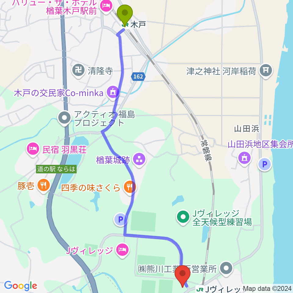 木戸駅からJヴィレッジへのルートマップ地図