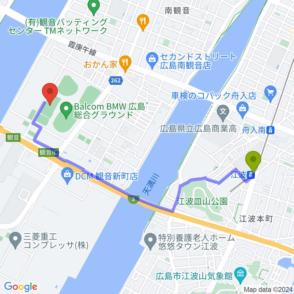 バルコムBMWスタジアムの最寄駅江波駅からの徒歩ルート（約23分）地図