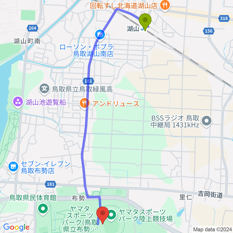 ヤマタスポーツパーク陸上競技場の最寄駅湖山駅からの徒歩ルート（約26分）地図