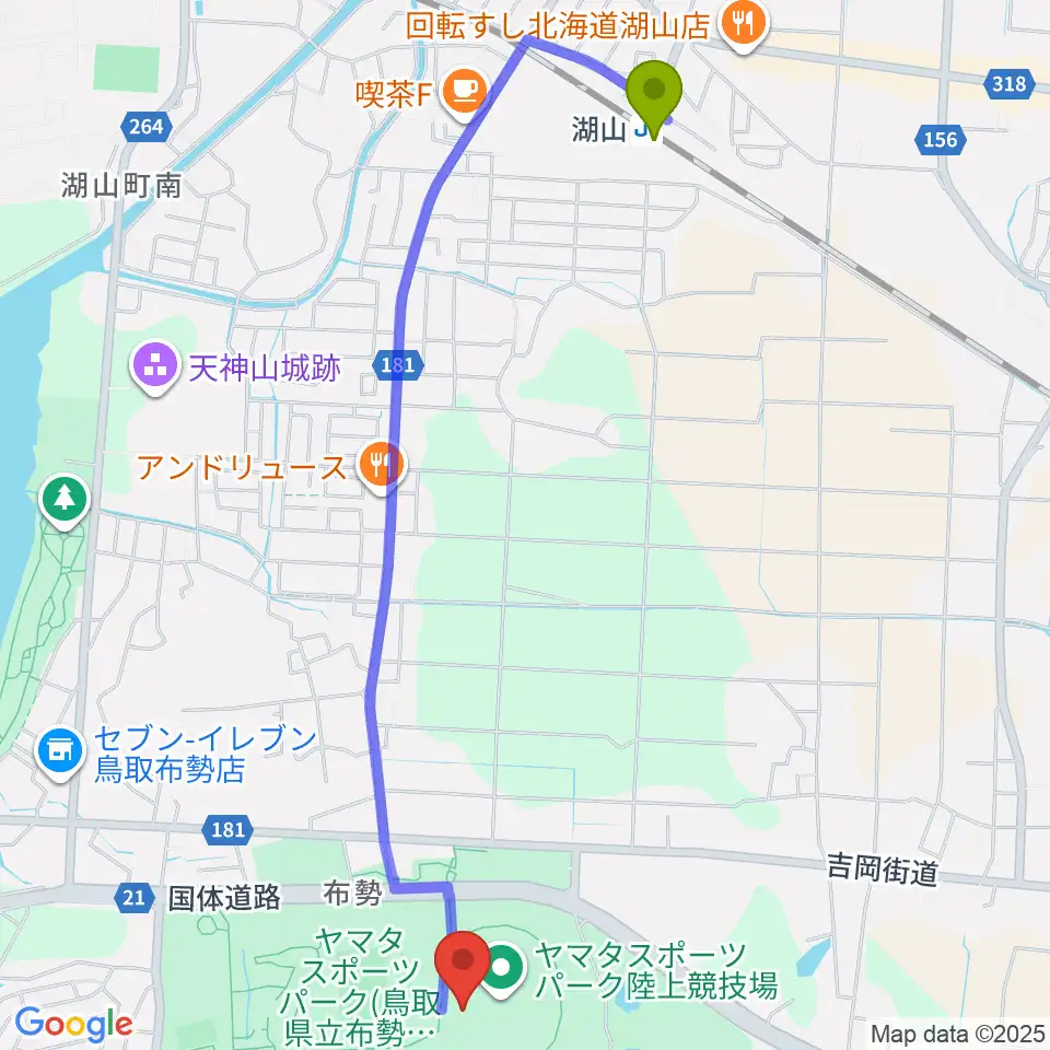 ヤマタスポーツパーク陸上競技場の最寄駅湖山駅からの徒歩ルート（約26分）地図