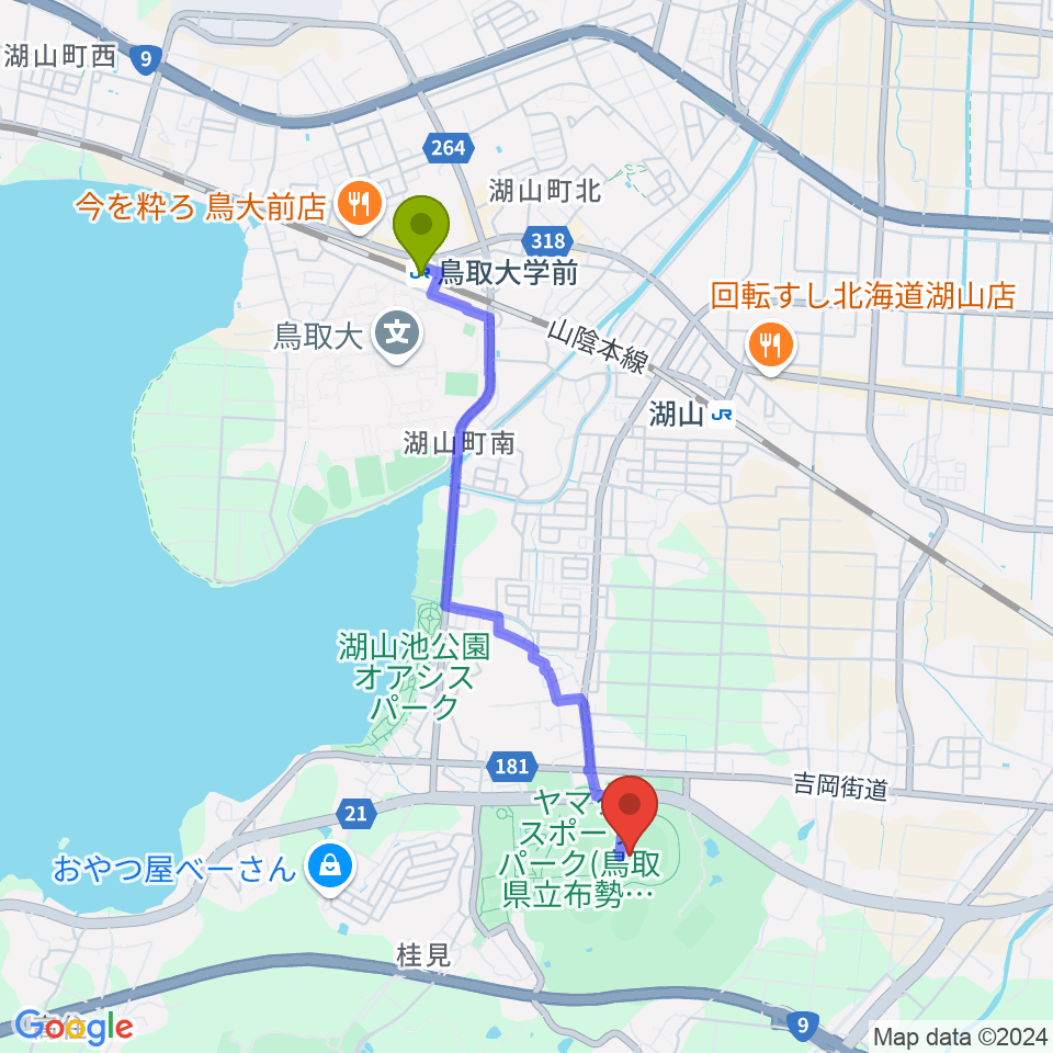 鳥取大学前駅からヤマタスポーツパーク陸上競技場へのルートマップ地図