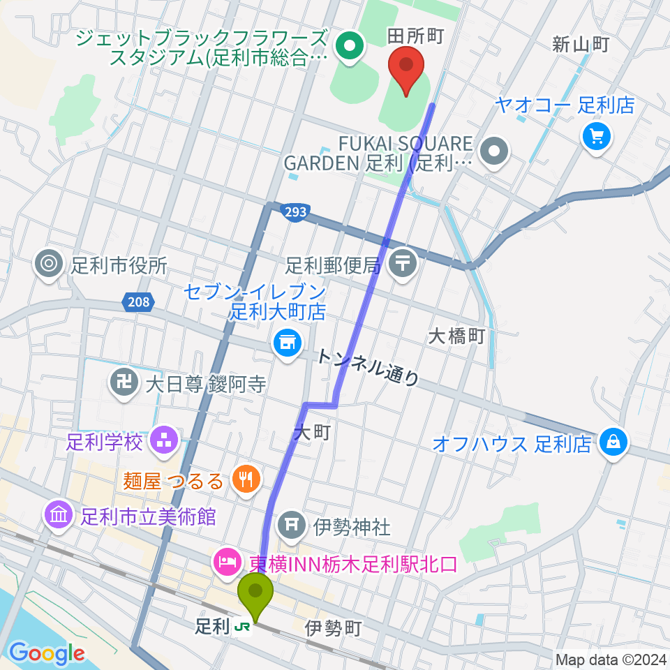 足利ガスグラウンドの最寄駅足利駅からの徒歩ルート（約25分）地図