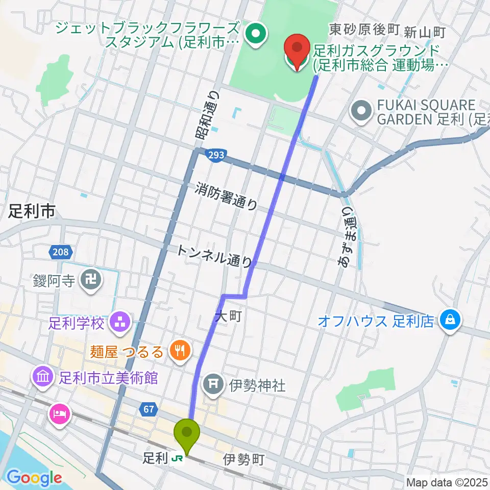 足利ガスグラウンドの最寄駅足利駅からの徒歩ルート（約25分）地図