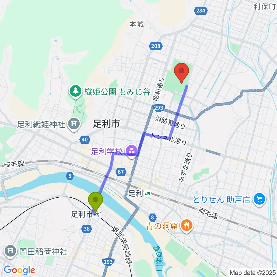 足利市駅から足利ガスグラウンドへのルートマップ地図