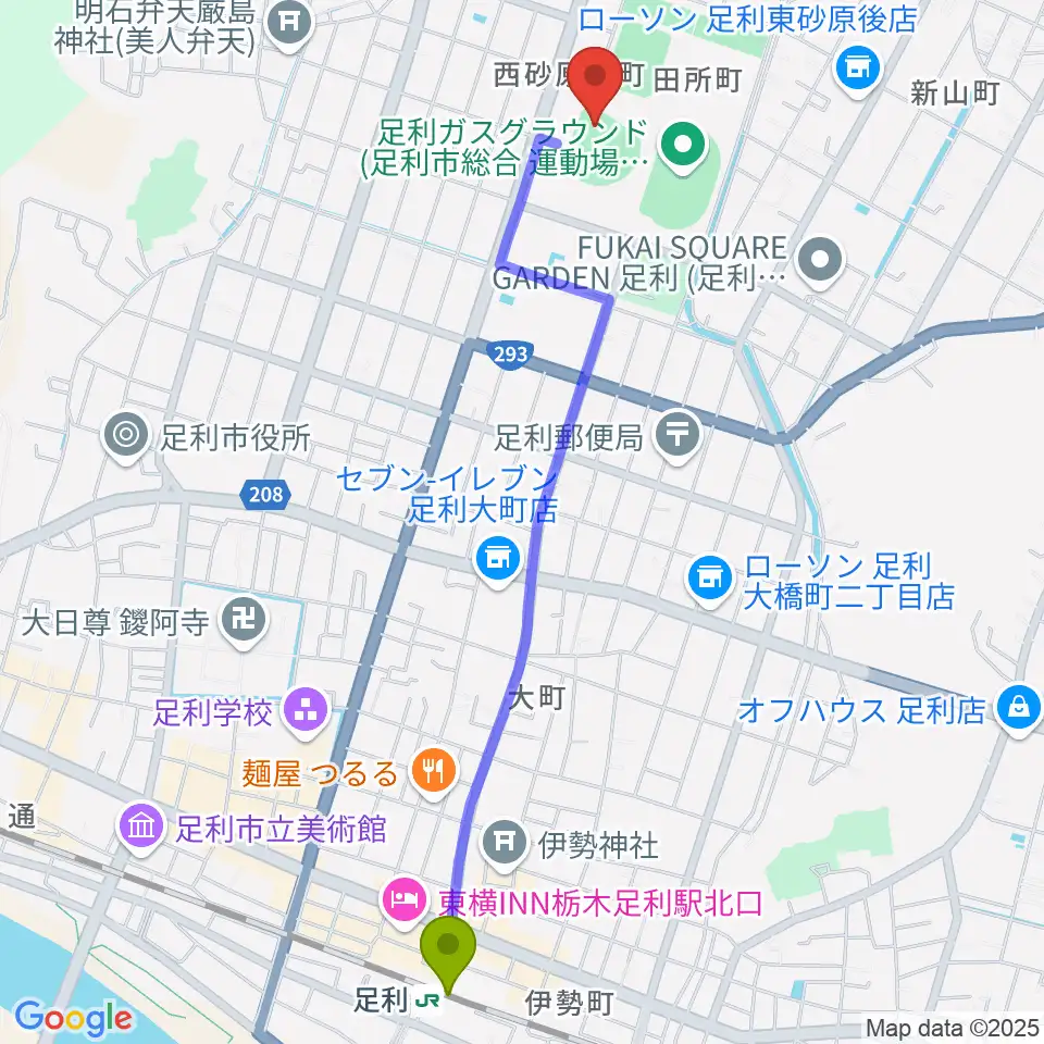 ジェットブラックフラワーズスタジアムの最寄駅足利駅からの徒歩ルート（約26分）地図