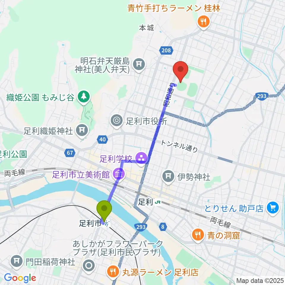 足利市駅からジェットブラックフラワーズスタジアムへのルートマップ地図