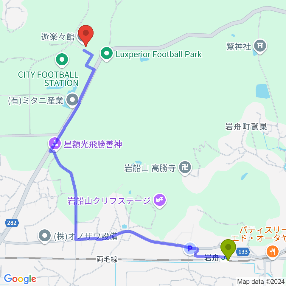 CITY FOOTBALL STATIONの最寄駅岩舟駅からの徒歩ルート（約28分）地図