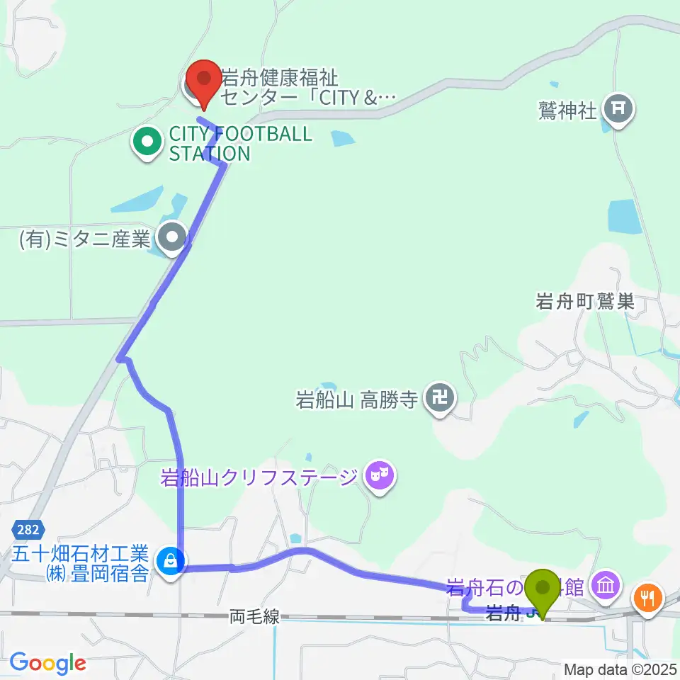 CITY FOOTBALL STATIONの最寄駅岩舟駅からの徒歩ルート（約28分）地図