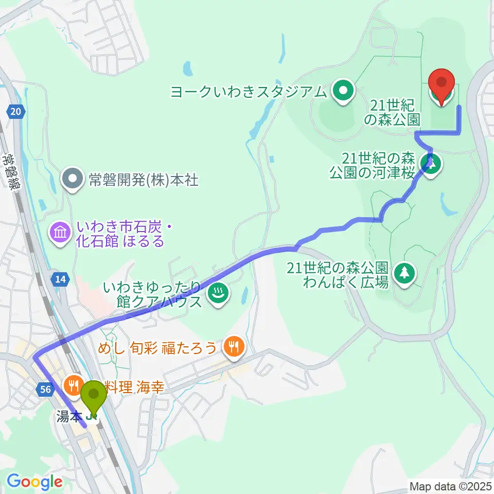 ハワイアンズスタジアムいわきの最寄駅湯本駅からの徒歩ルート（約29分）地図