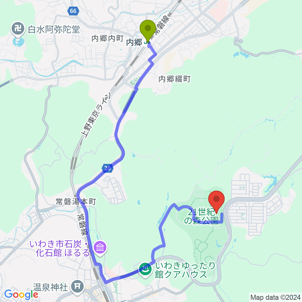 内郷駅からハワイアンズスタジアムいわきへのルートマップ地図