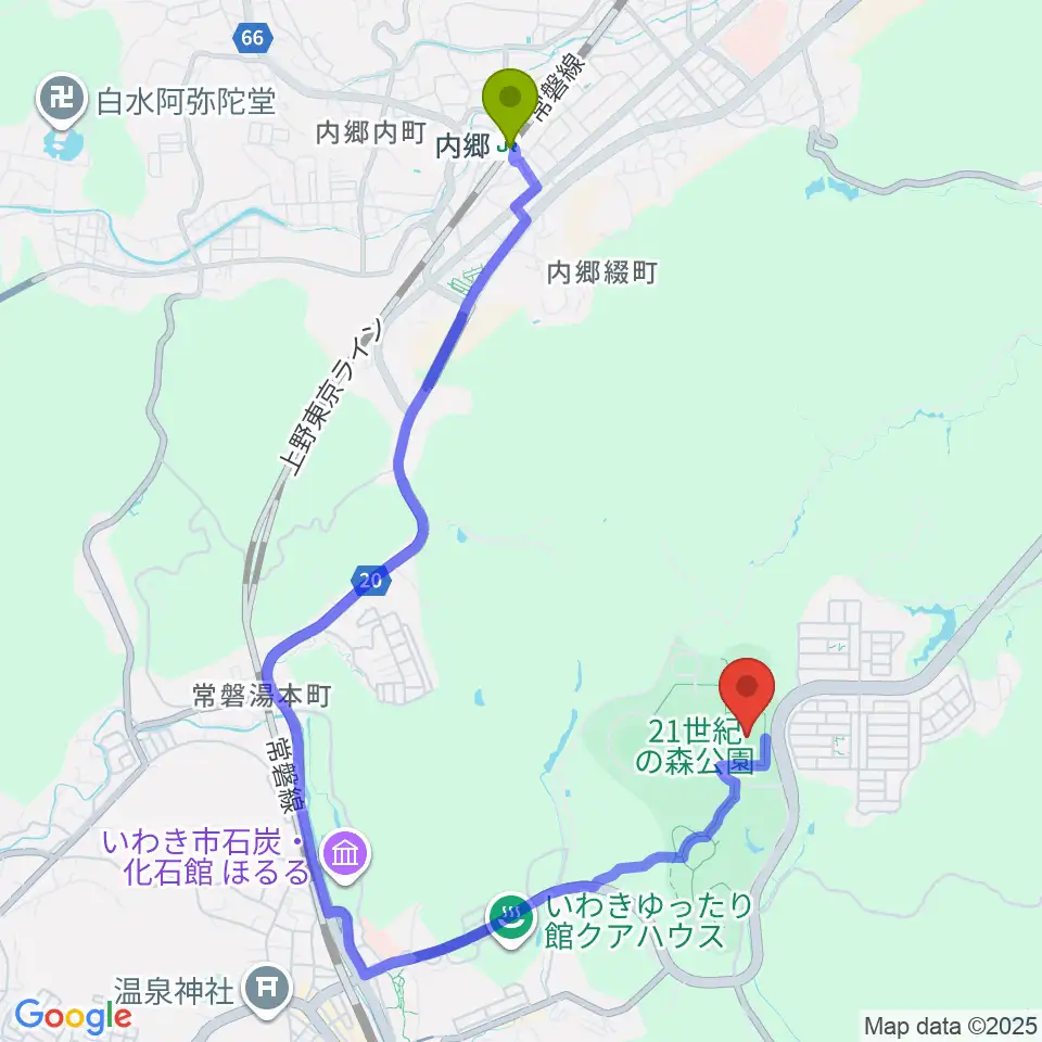 内郷駅からハワイアンズスタジアムいわきへのルートマップ地図