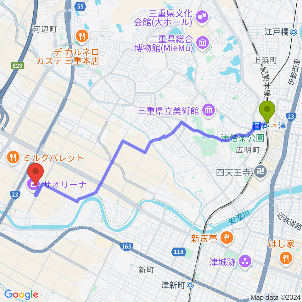 津駅からNHW三重武道館へのルートマップ地図