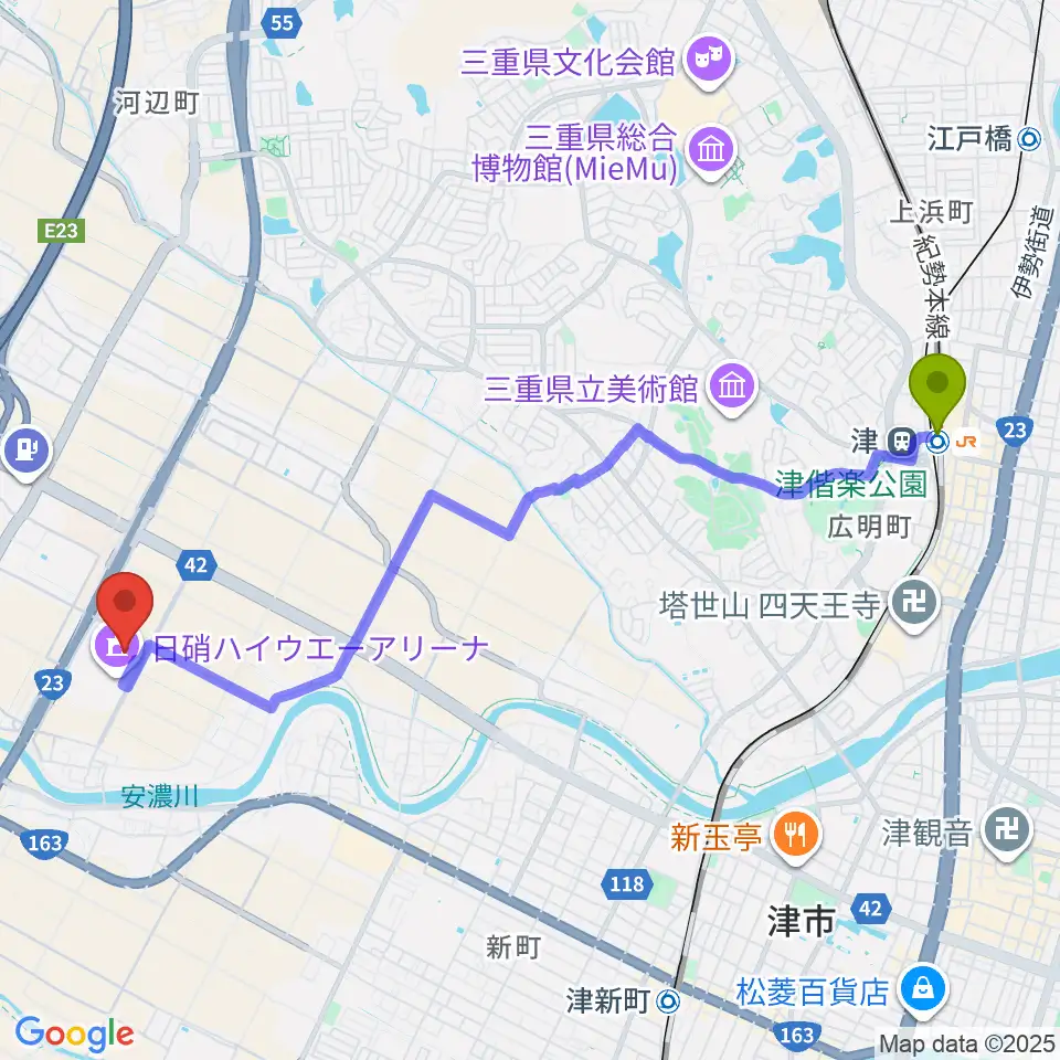 津駅からNHW三重武道館へのルートマップ地図