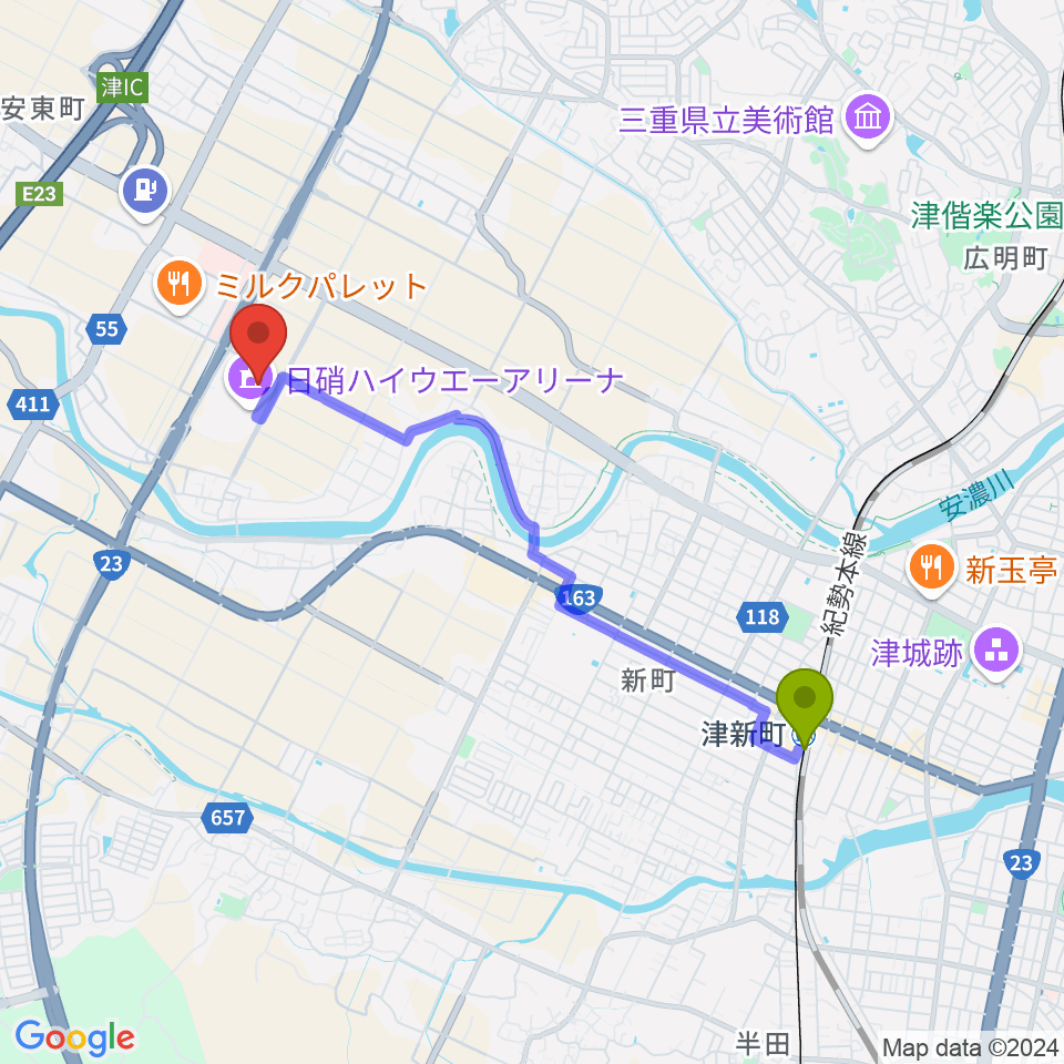 NHW三重武道館の最寄駅津新町駅からの徒歩ルート（約39分）地図