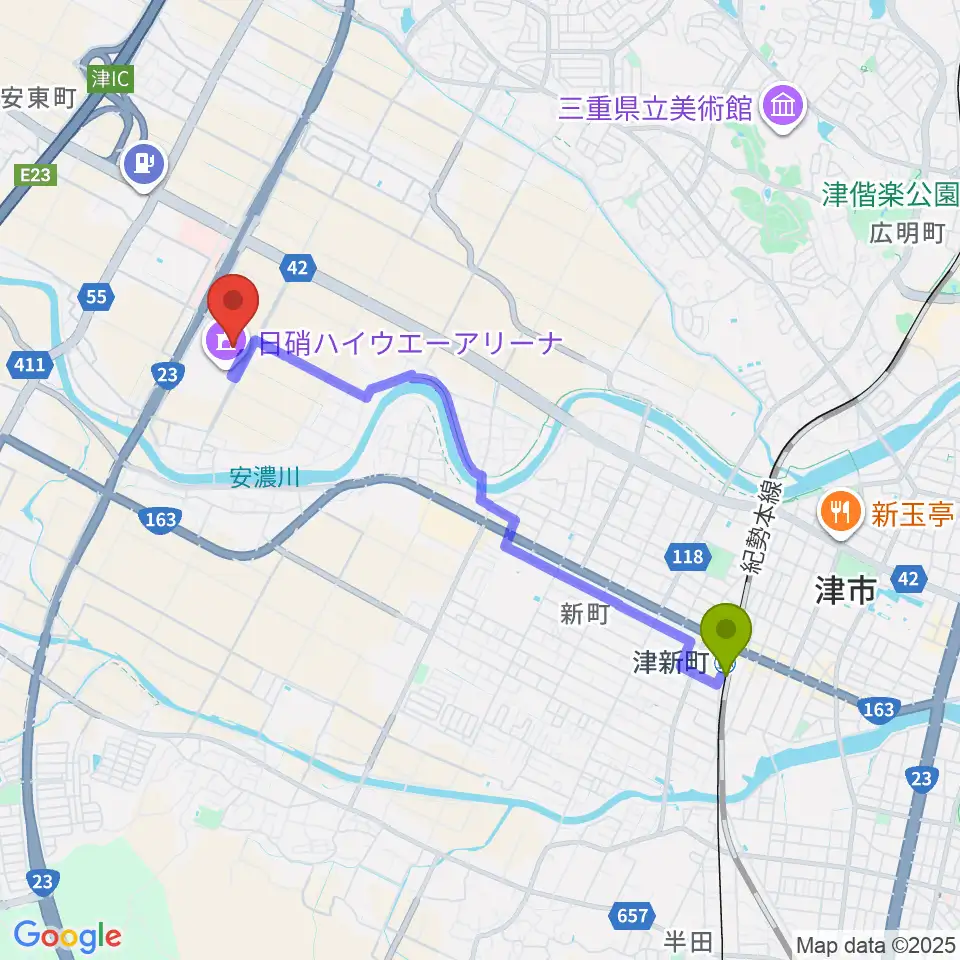 NHW三重武道館の最寄駅津新町駅からの徒歩ルート（約39分）地図