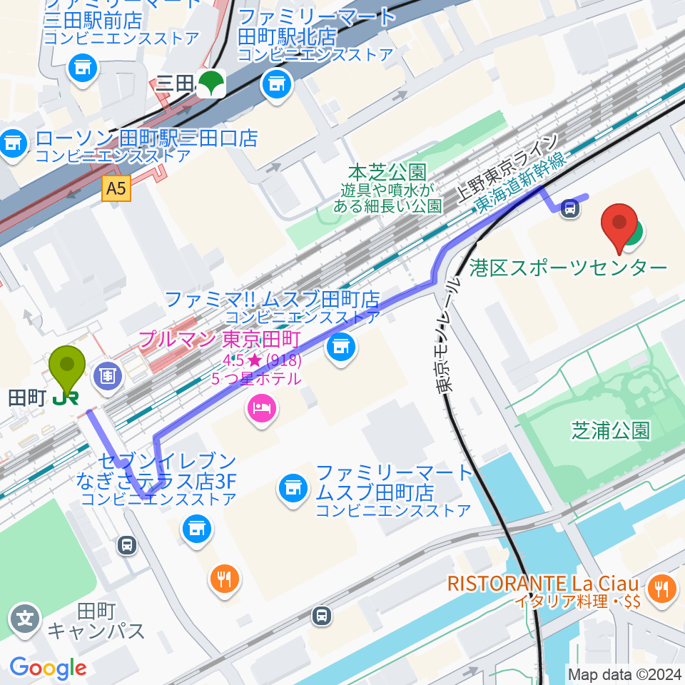 田町駅から港区スポーツセンターへのルートマップ地図