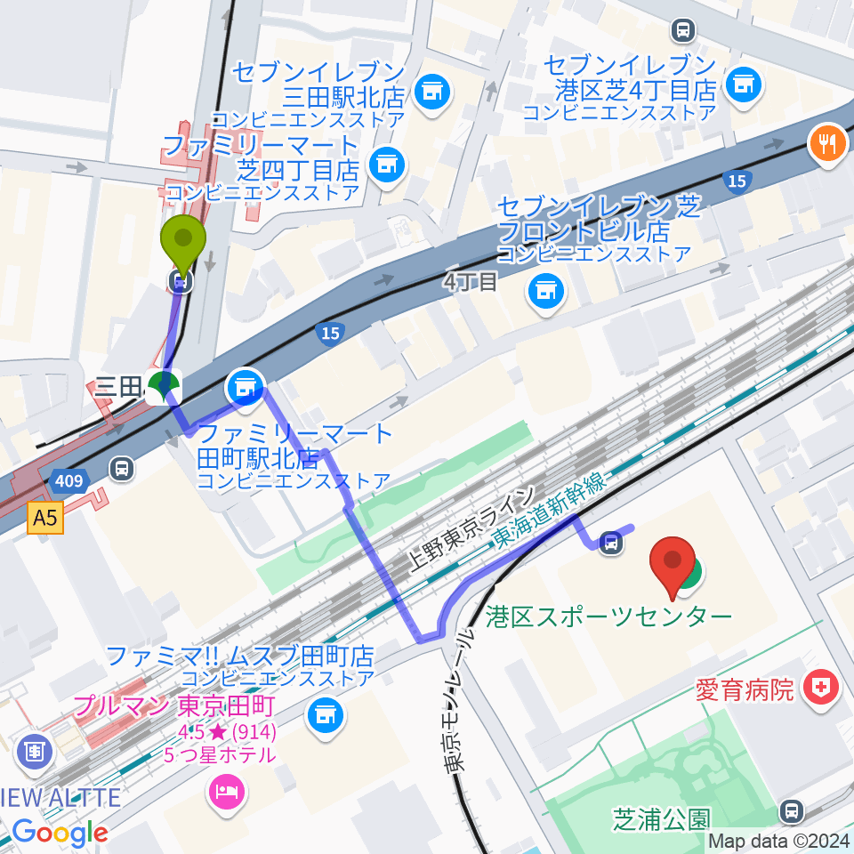 港区スポーツセンターの最寄駅三田駅からの徒歩ルート（約5分）地図