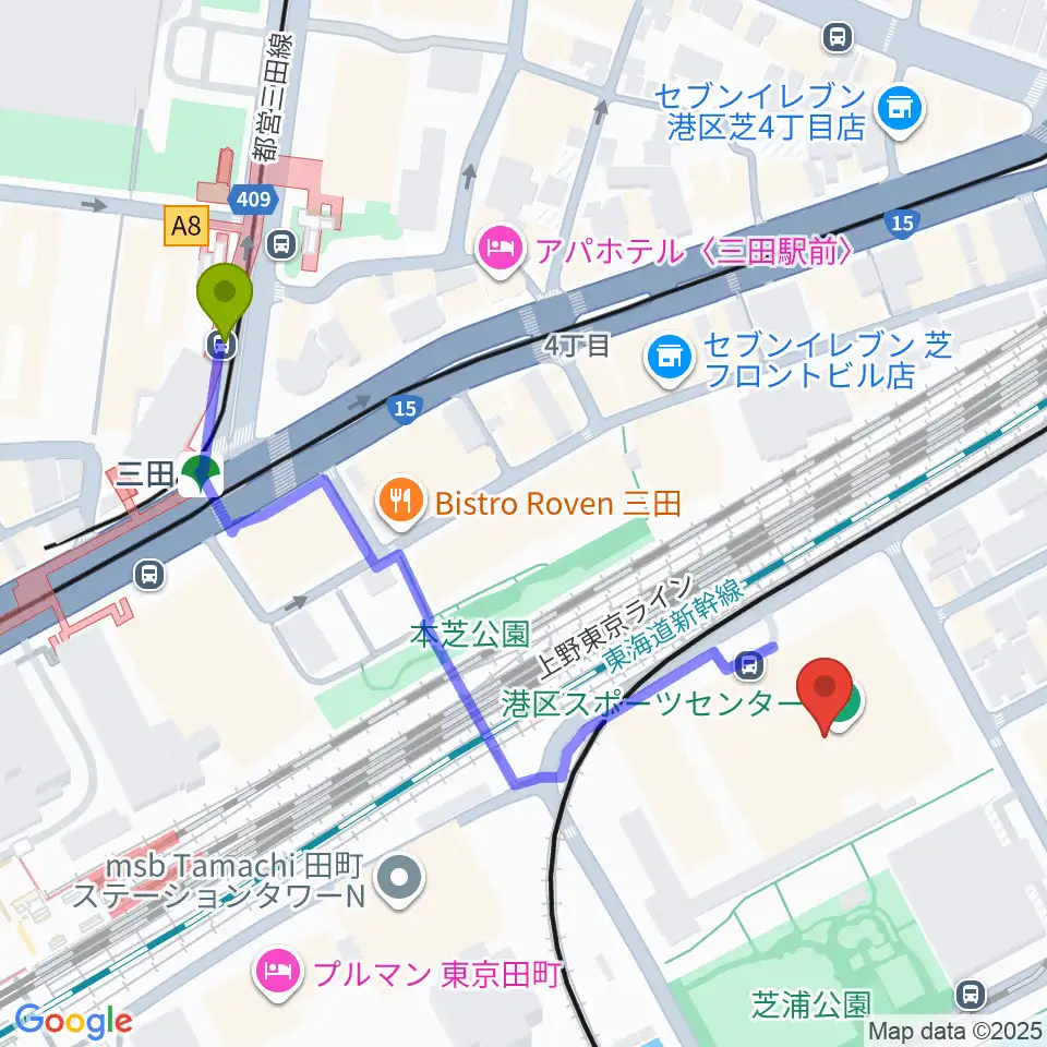 港区スポーツセンターの最寄駅三田駅からの徒歩ルート（約5分）地図