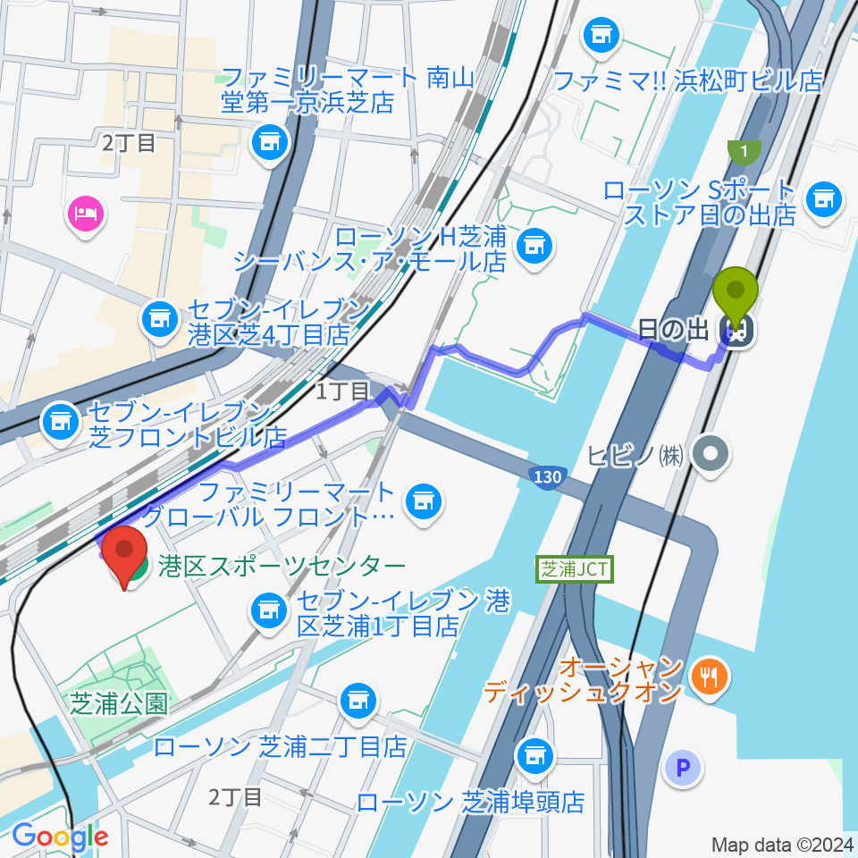 日の出駅から港区スポーツセンターへのルートマップ地図