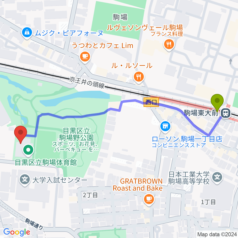 目黒区立駒場体育館の最寄駅駒場東大前駅からの徒歩ルート（約6分）地図