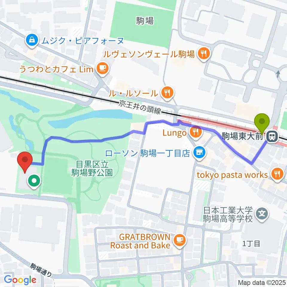 目黒区立駒場体育館の最寄駅駒場東大前駅からの徒歩ルート（約6分）地図