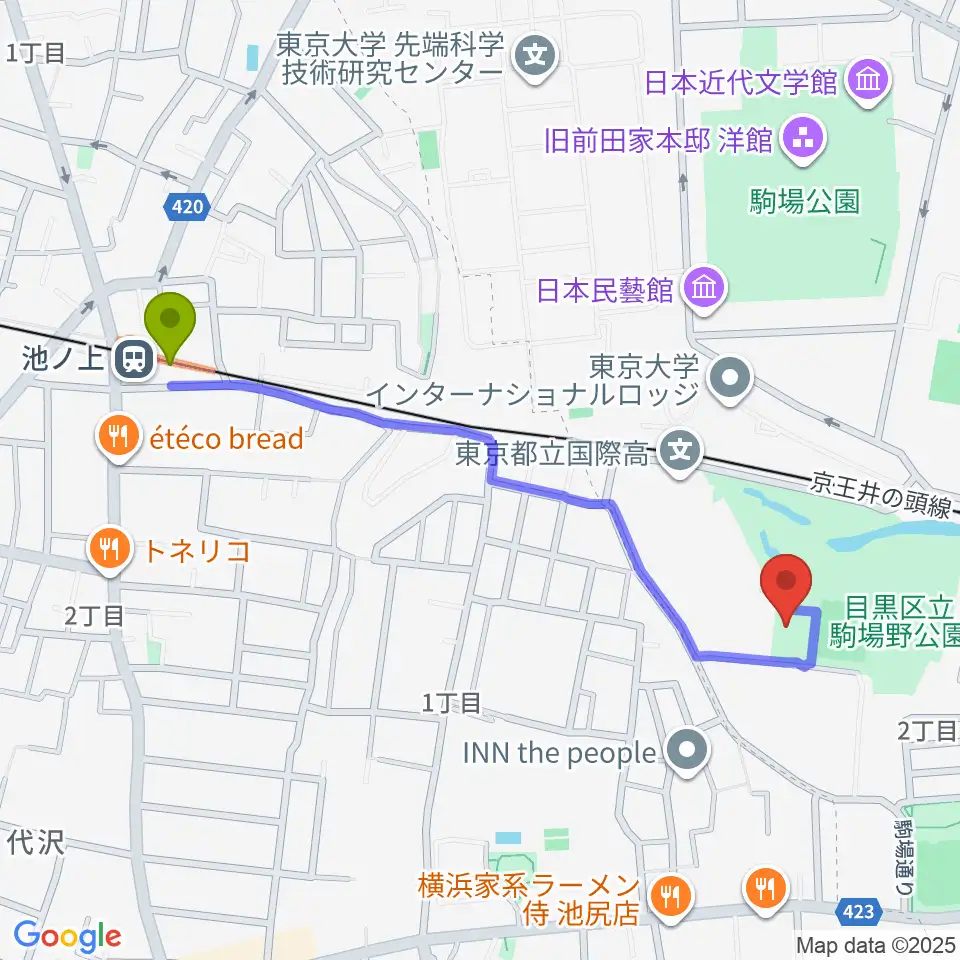 池ノ上駅から目黒区立駒場体育館へのルートマップ地図