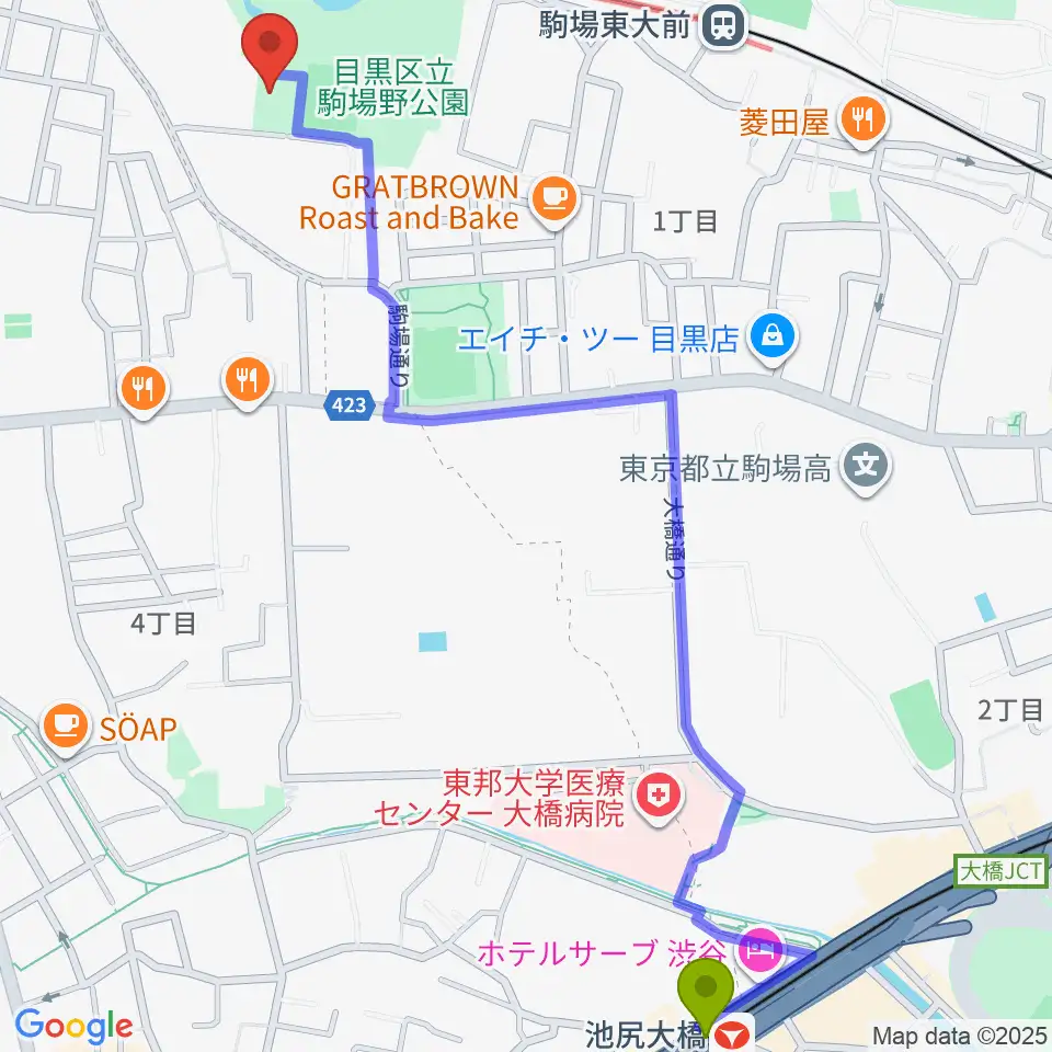 池尻大橋駅から目黒区立駒場体育館へのルートマップ地図