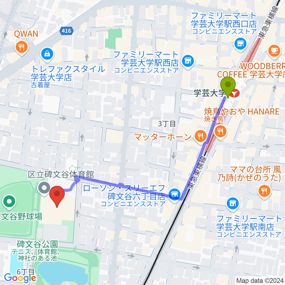 碑文谷体育館の最寄駅学芸大学駅からの徒歩ルート（約6分）地図