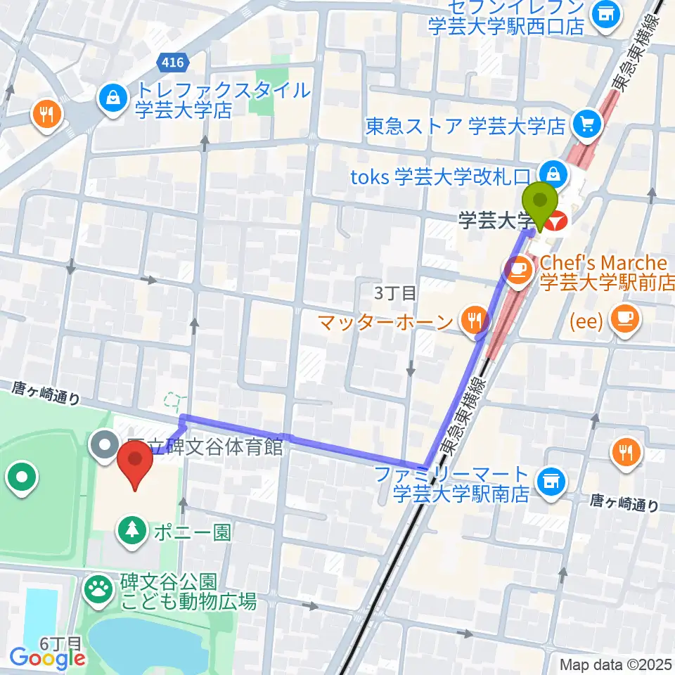 碑文谷体育館の最寄駅学芸大学駅からの徒歩ルート（約6分）地図