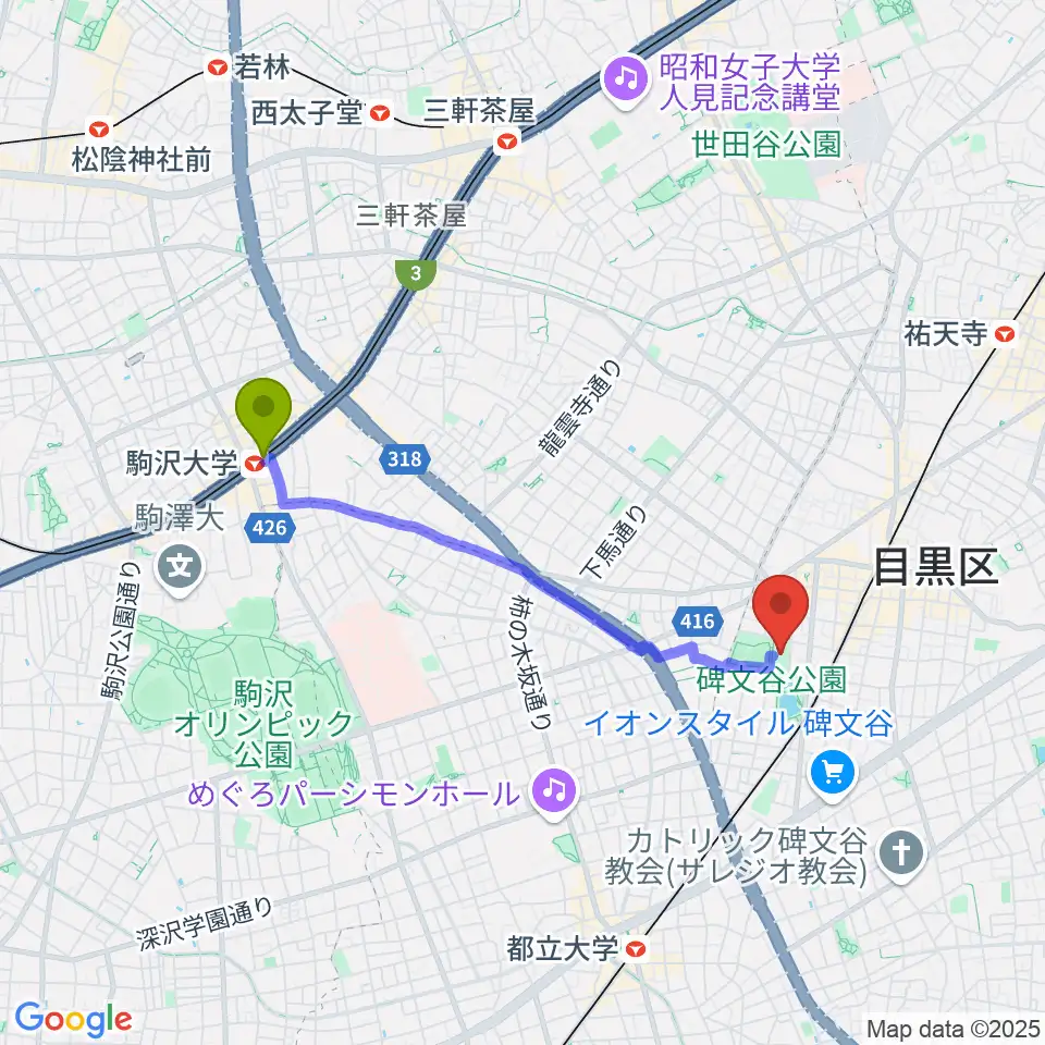 駒沢大学駅から碑文谷体育館へのルートマップ地図