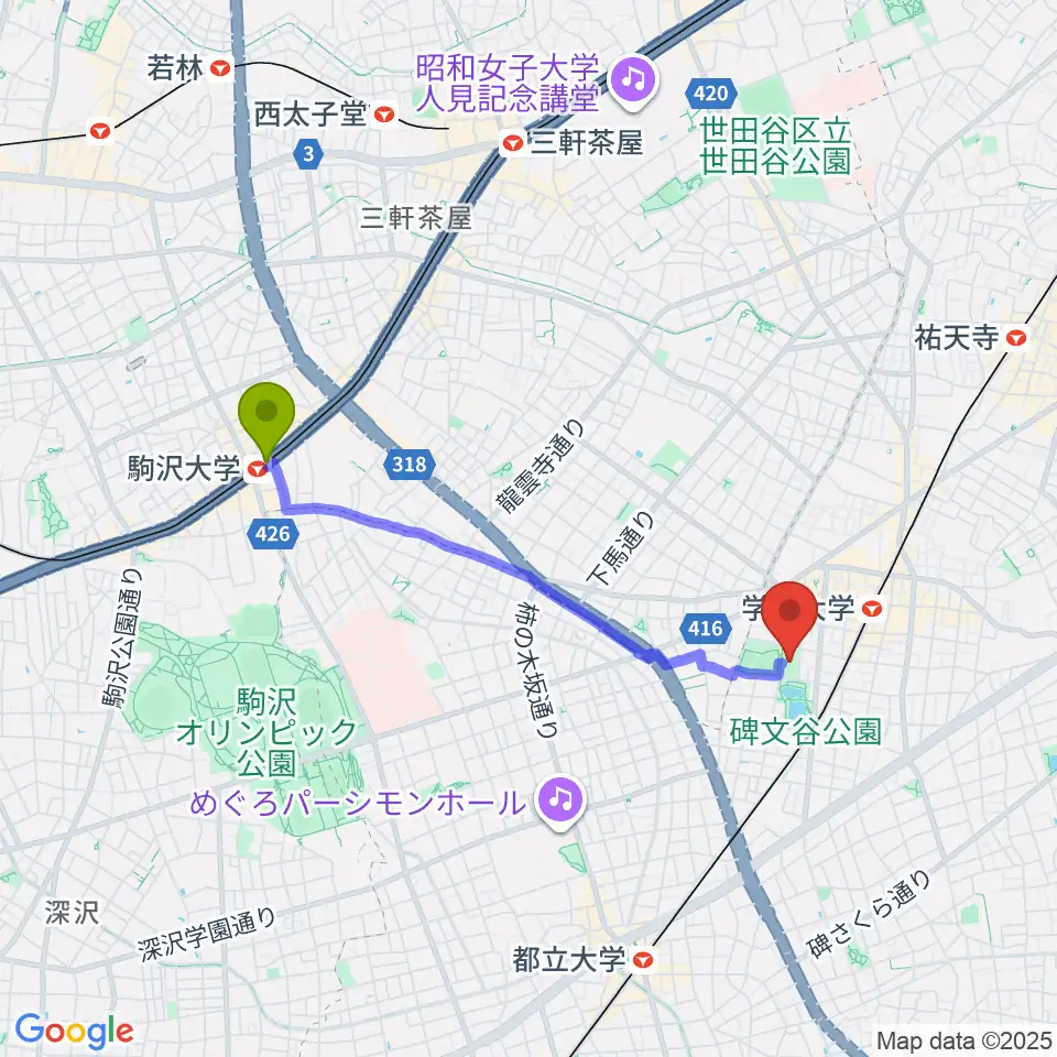 駒沢大学駅から碑文谷体育館へのルートマップ地図