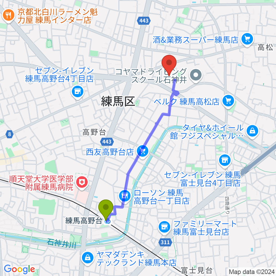 練馬区立総合体育館の最寄駅練馬高野台駅からの徒歩ルート（約18分）地図