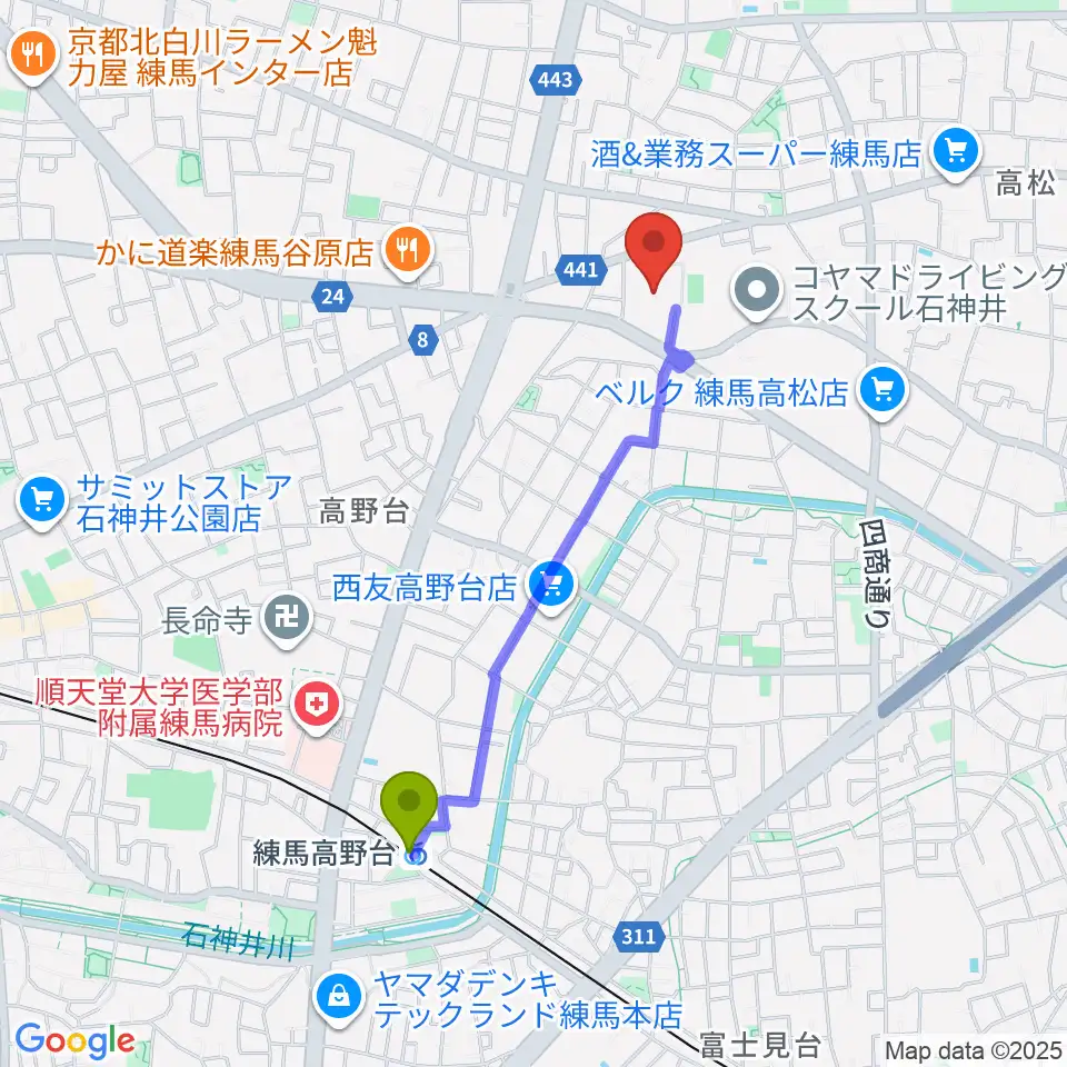 練馬区立総合体育館の最寄駅練馬高野台駅からの徒歩ルート（約18分）地図