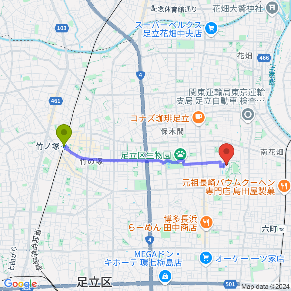 竹ノ塚駅から足立区総合スポーツセンターへのルートマップ地図