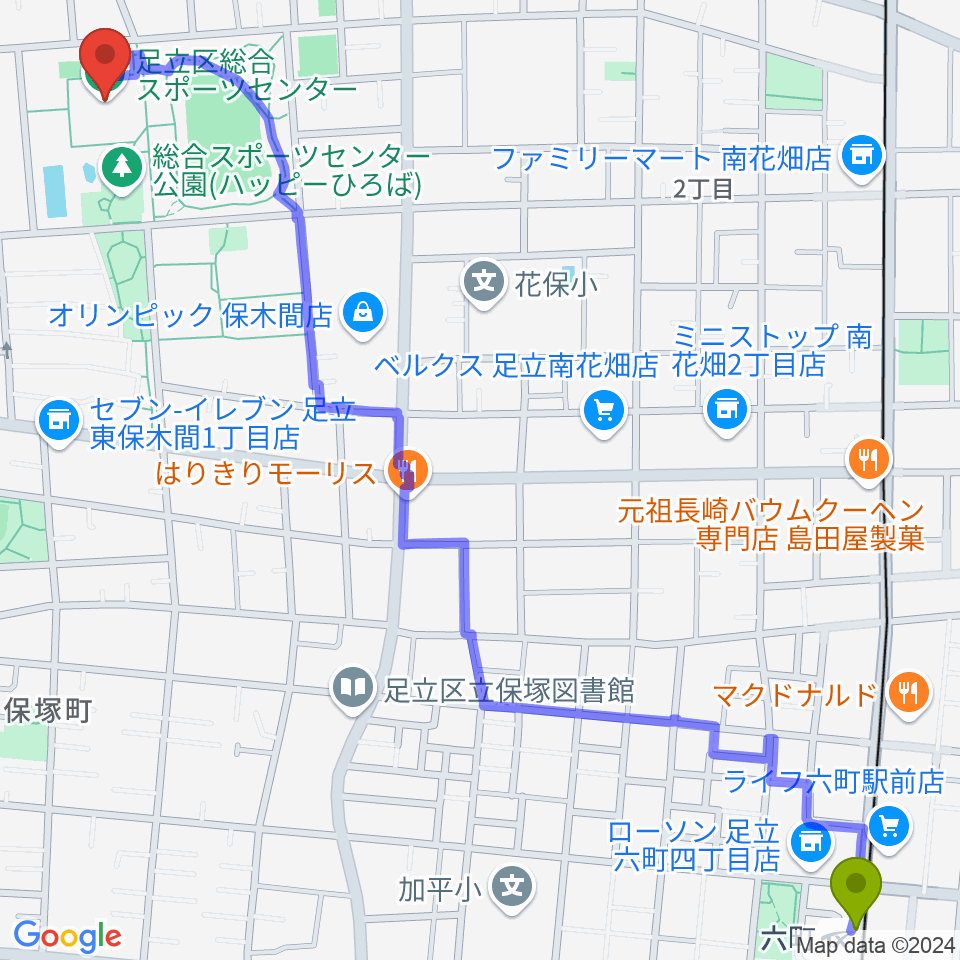 足立区総合スポーツセンターの最寄駅六町駅からの徒歩ルート（約18分）地図