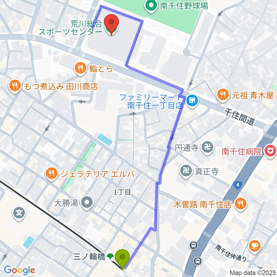 三ノ輪橋駅から荒川総合スポーツセンターへのルートマップ地図