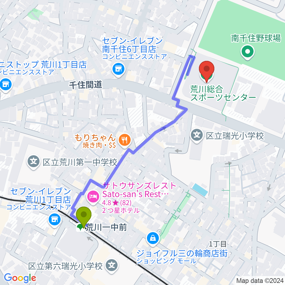 荒川総合スポーツセンターの最寄駅荒川一中前駅からの徒歩ルート（約5分）地図