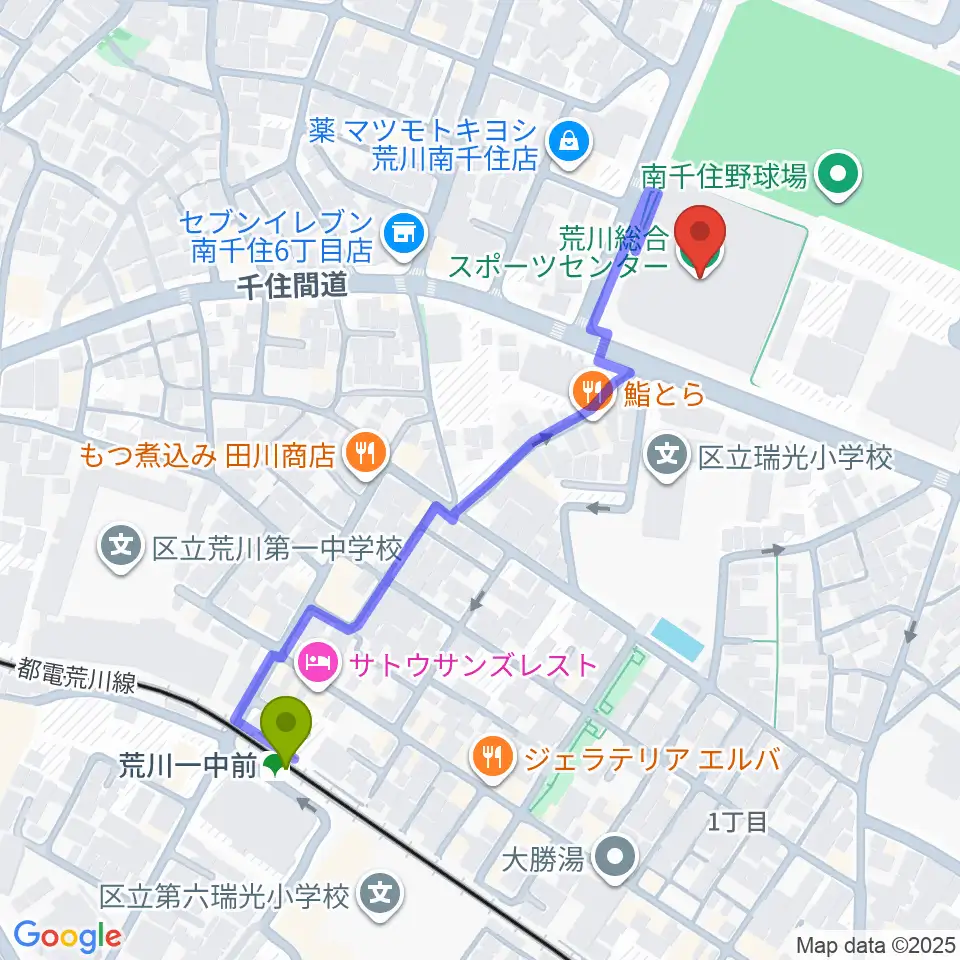 荒川総合スポーツセンターの最寄駅荒川一中前駅からの徒歩ルート（約5分）地図