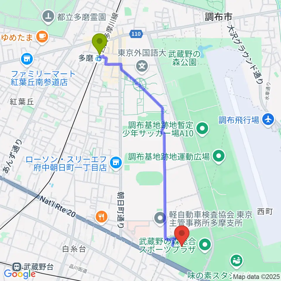 多磨駅からAGFフィールドへのルートマップ地図