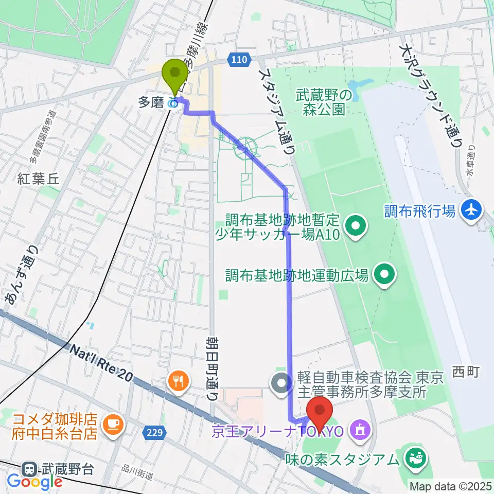 多磨駅からAGFフィールドへのルートマップ地図