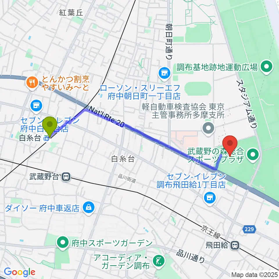 白糸台駅からAGFフィールドへのルートマップ地図