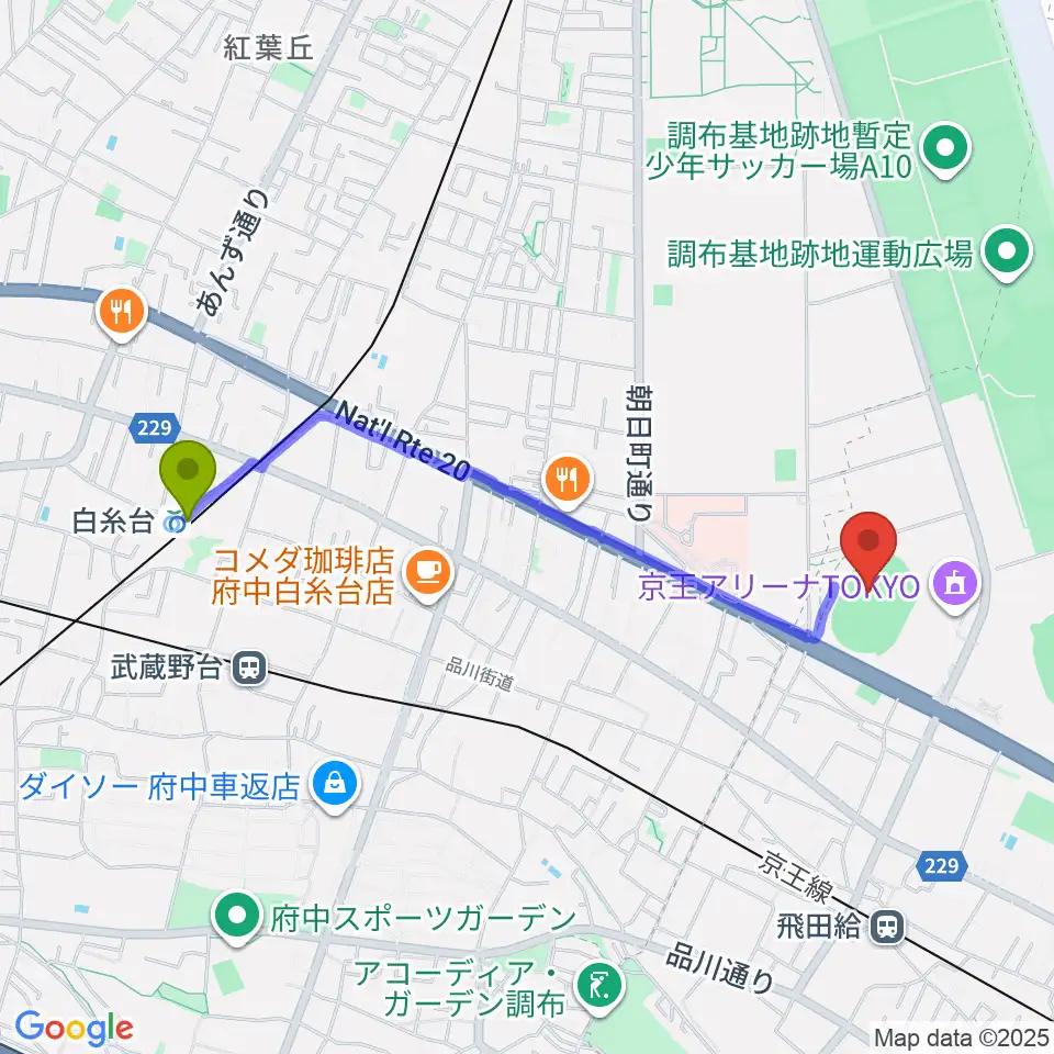 白糸台駅からAGFフィールドへのルートマップ地図