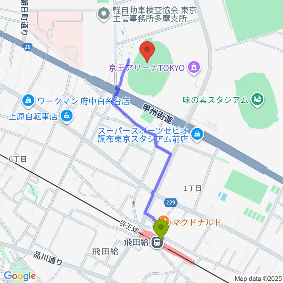 AGFフィールドの最寄駅飛田給駅からの徒歩ルート（約10分）地図