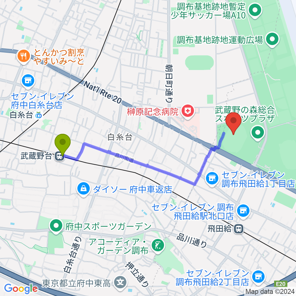 武蔵野台駅からAGFフィールドへのルートマップ地図