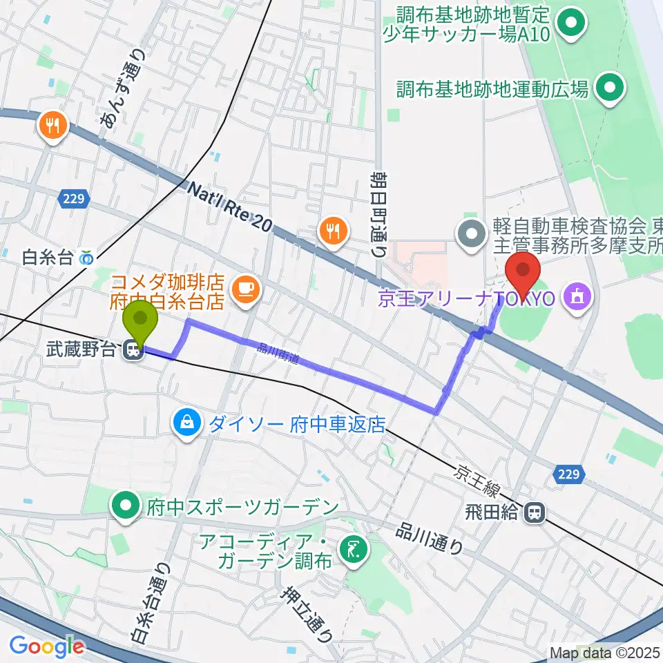 武蔵野台駅からAGFフィールドへのルートマップ地図