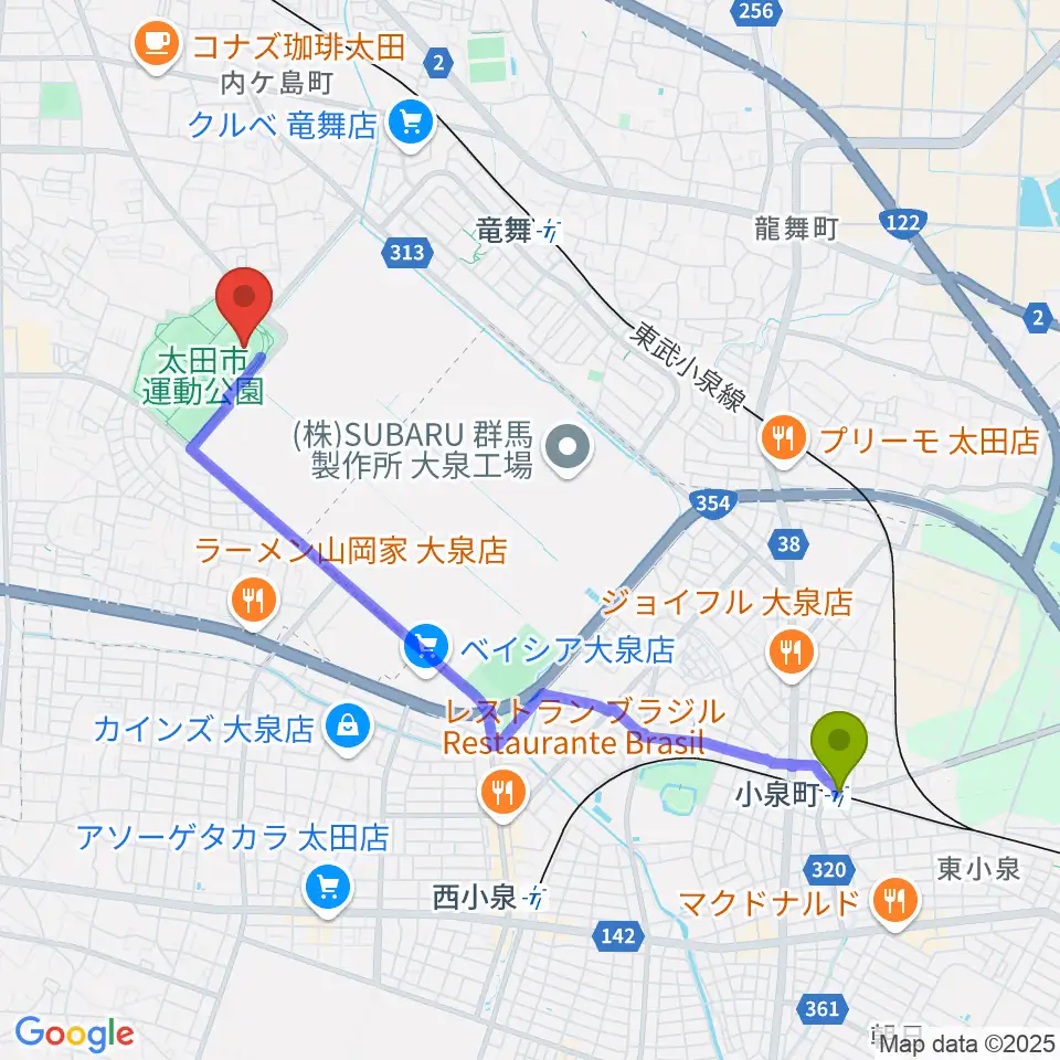 小泉町駅から太田市運動公園陸上競技場へのルートマップ地図