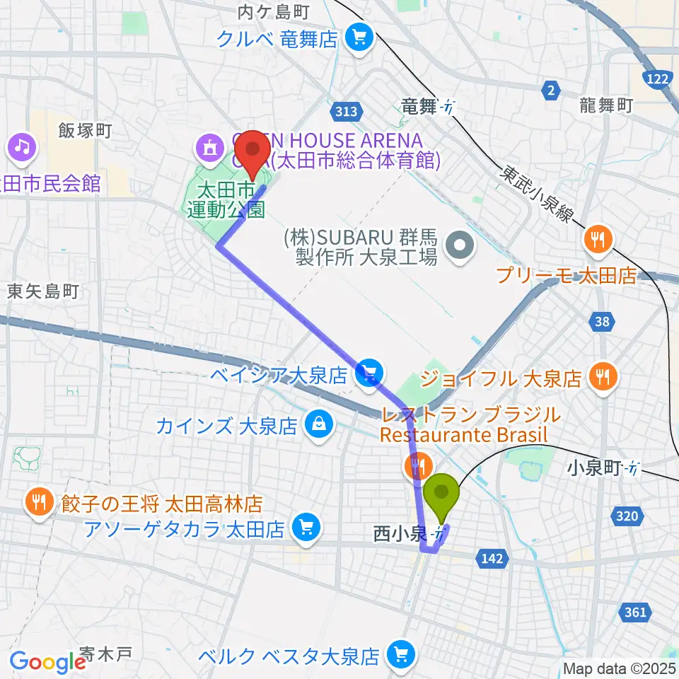 西小泉駅から太田市運動公園陸上競技場へのルートマップ地図