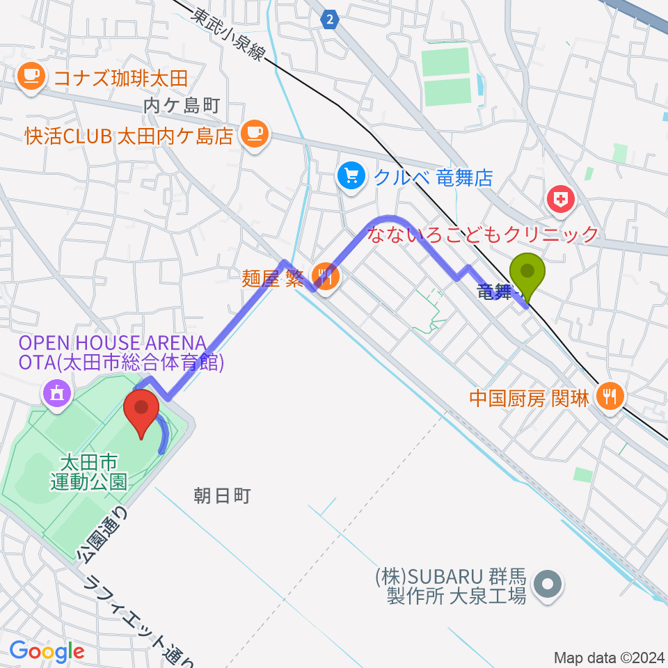 太田市運動公園陸上競技場の最寄駅竜舞駅からの徒歩ルート（約19分）地図