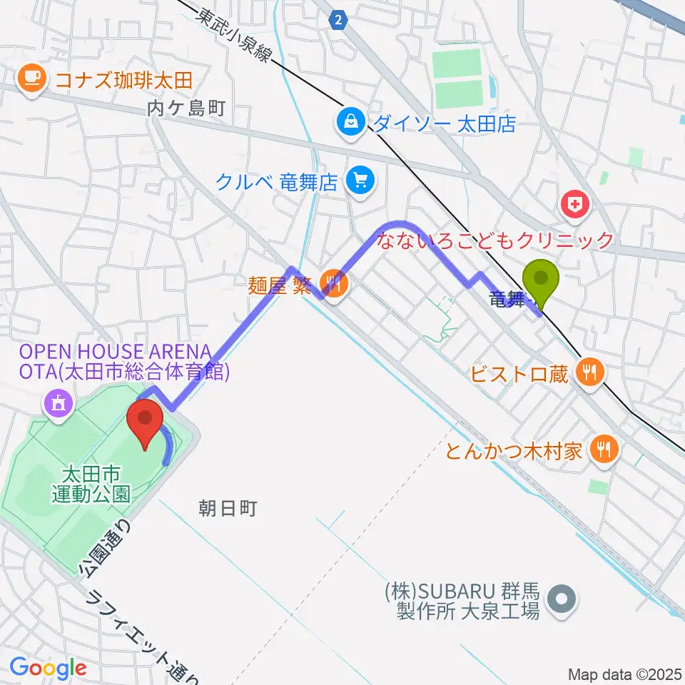 太田市運動公園陸上競技場の最寄駅竜舞駅からの徒歩ルート（約19分）地図