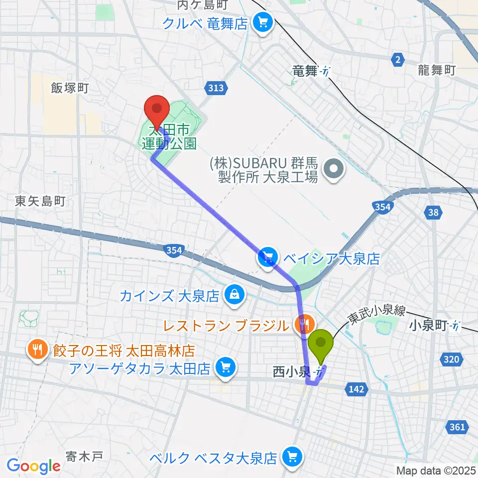 西小泉駅から太田市運動公園野球場へのルートマップ地図